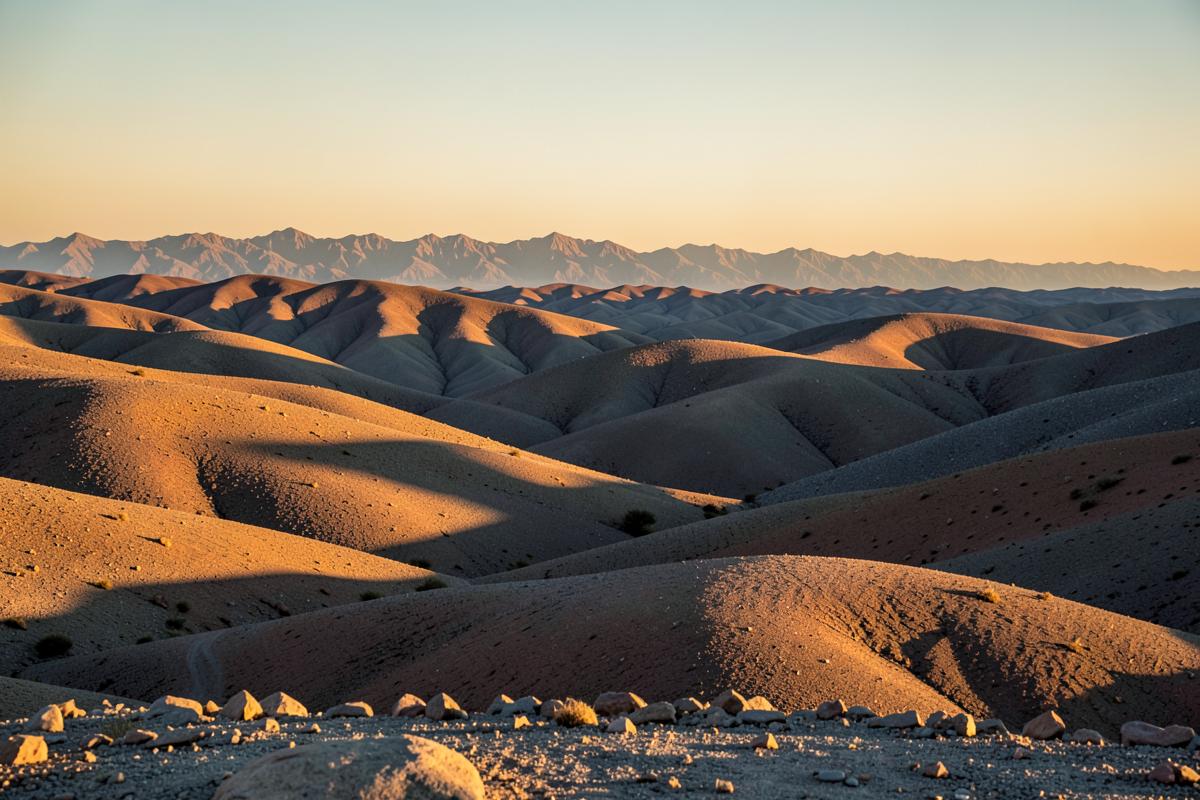 The rolling stone hills of the Agafay desert near Marrakech at golden hour